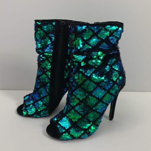 Quips blue green sequin ankle boots open toe size 5.5 - Picture 3 of 5